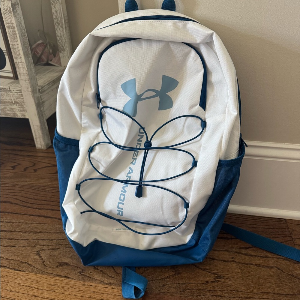 Under Armour White and Blue Backpack with Bungee Cord Design